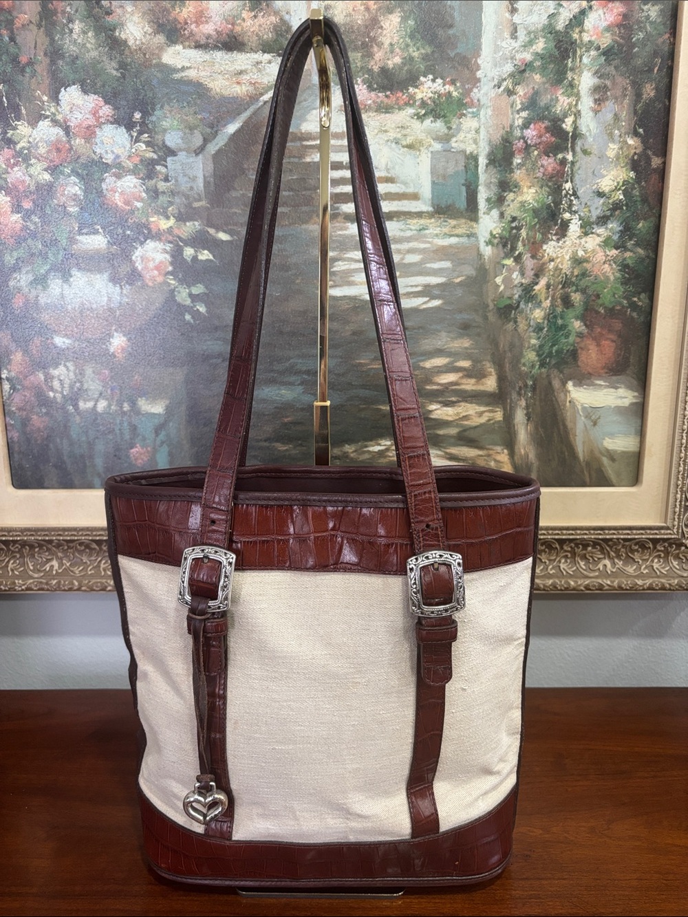 Brighton Cream Canvas Tote with Brown Croc-Embossed Leather Trim